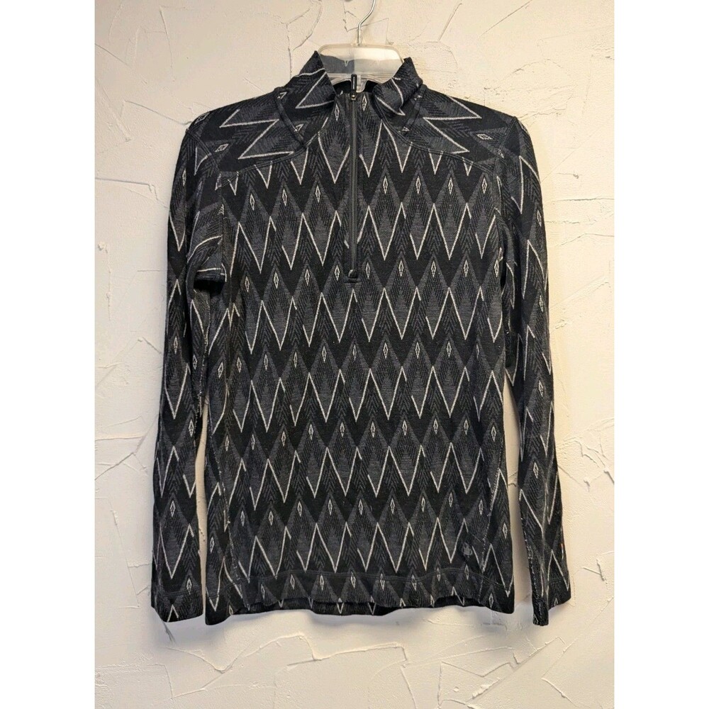 Smartwool Women’s L Merino Wool 1/4 Zip Base Layer Top Black Gray Geometric